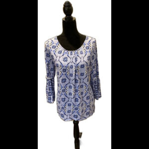 Crown & Ivy Boho Blouse Peasant Top Size Large Blue Pattern Bell Sleeves Cotton